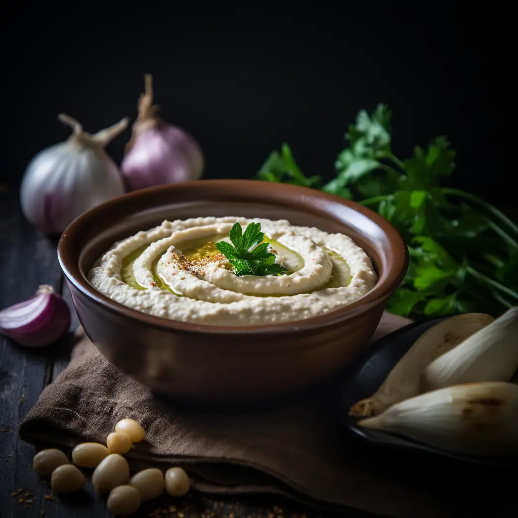 bowl of white bean and roasted garlic dip